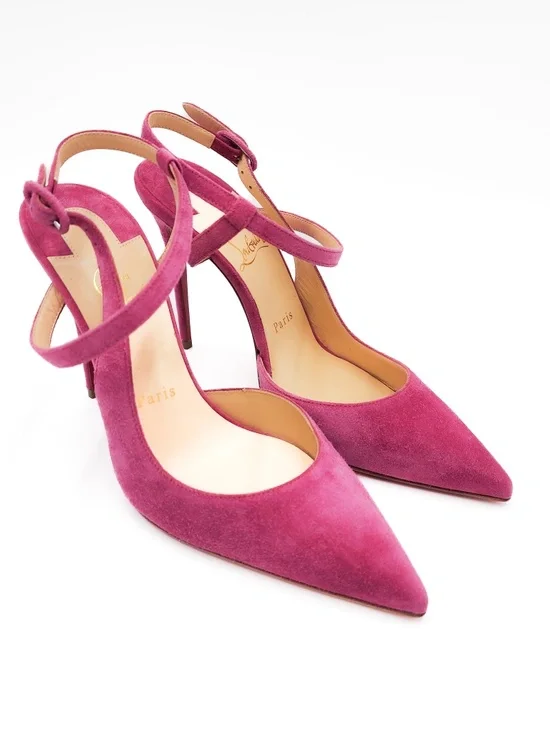 Christian Louboutin Pink Suede Slingback Cross Strap Buckle Pumps Heels EU 38 - Picture 2 of 8